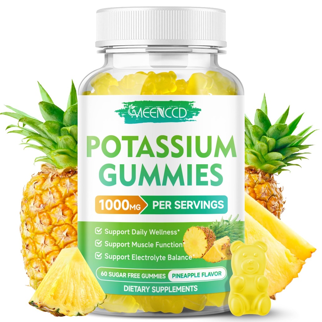 Potasyum Gummies 1000 mg, Yüksek Potency Pids Supplement Gummies for Yetişkinler Women & Men, Support Leg Cramps & Muscle Health, Sugar-Free, Pinele Flavor, 60 Count