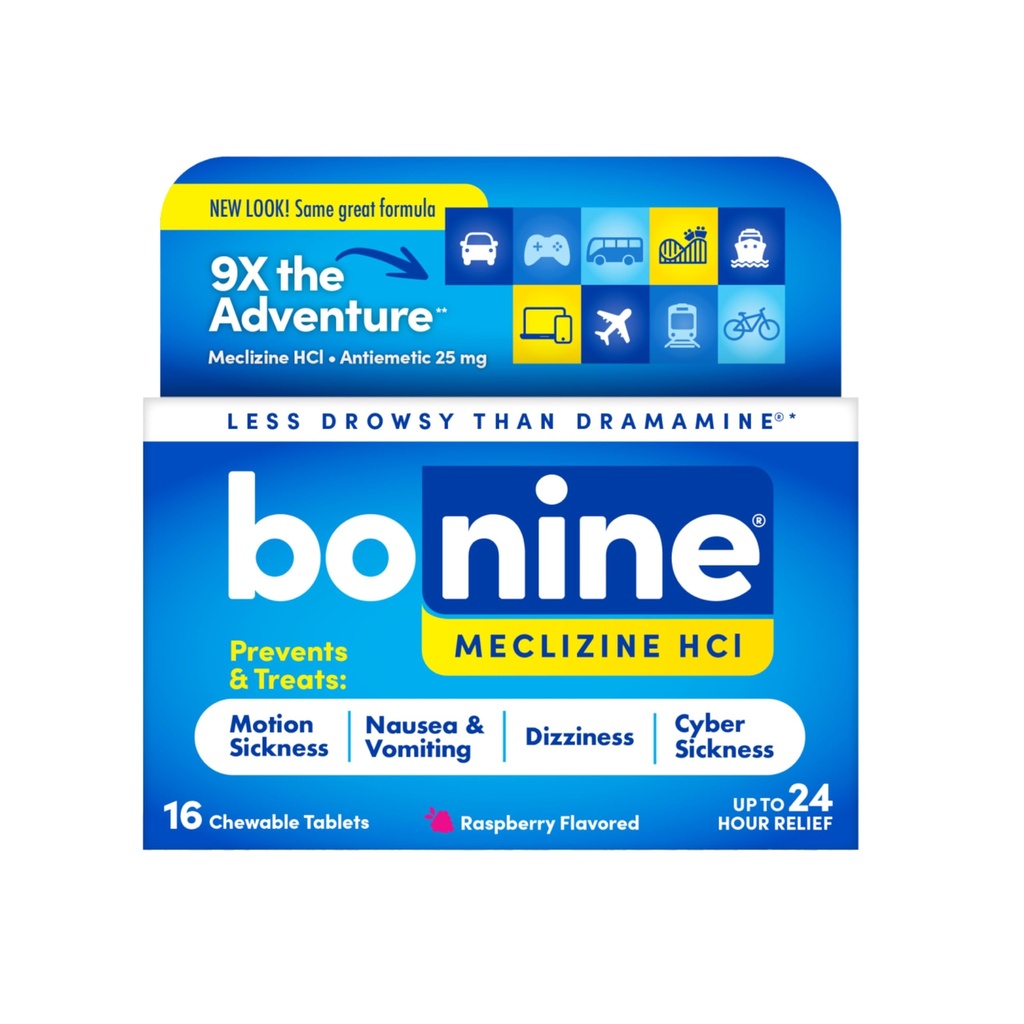 Bonine Non-Drowsy for Motion Sickness Relief, Sea Sickness, Car Sickness, Nausea, & Vomiting - Meclizine HCI 25mg, Travel-Sized - 16ct Raspberry Chewable Tablets (Packaging May Vary)