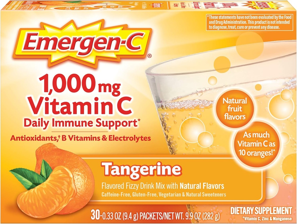 Emergen-C 1000 Vitamin mg C Toz, Antioksis, B Vitamins ve Elektrolytes, Immune Support için C Supplements, Caffeine Free Fizzy Drink Mix, Tangerine Flavor - 30 Count