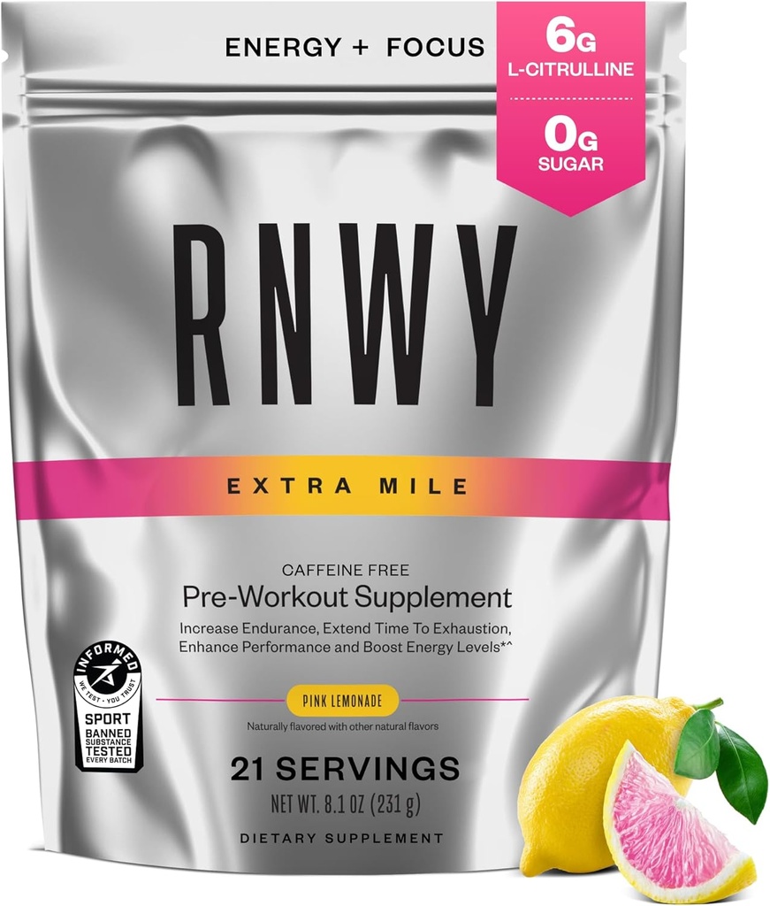 Ekstra Mile Caffeine Free Pre Workout Toz, 6g L-Citrulline, Sugar Free, Stimulant Free, DynaminTM ve TeaCrine® ile Endurance ve Focus için 21 hizmet (Pink Lemonade)
