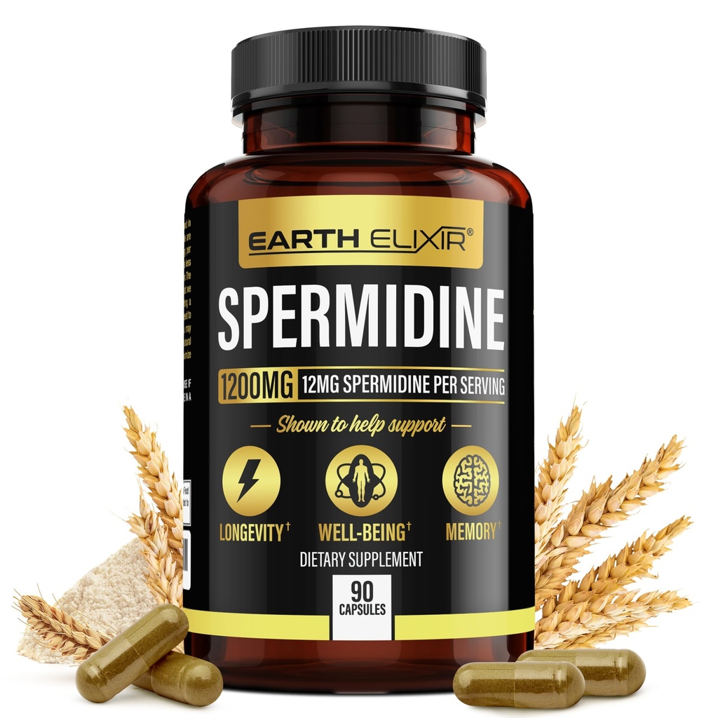Dünya Elixir Spermidine Supplements 1200 mg (90 Capsules) - Anti Aging - 3rd Parti Test Edildi (12 mg Spermidine Toz) Maxeight - 100% Saf Espermidina- Fermented Buğday Germ Ekstra - NMN Alternatif Alternatif Alternatif Alternatif Alternatif