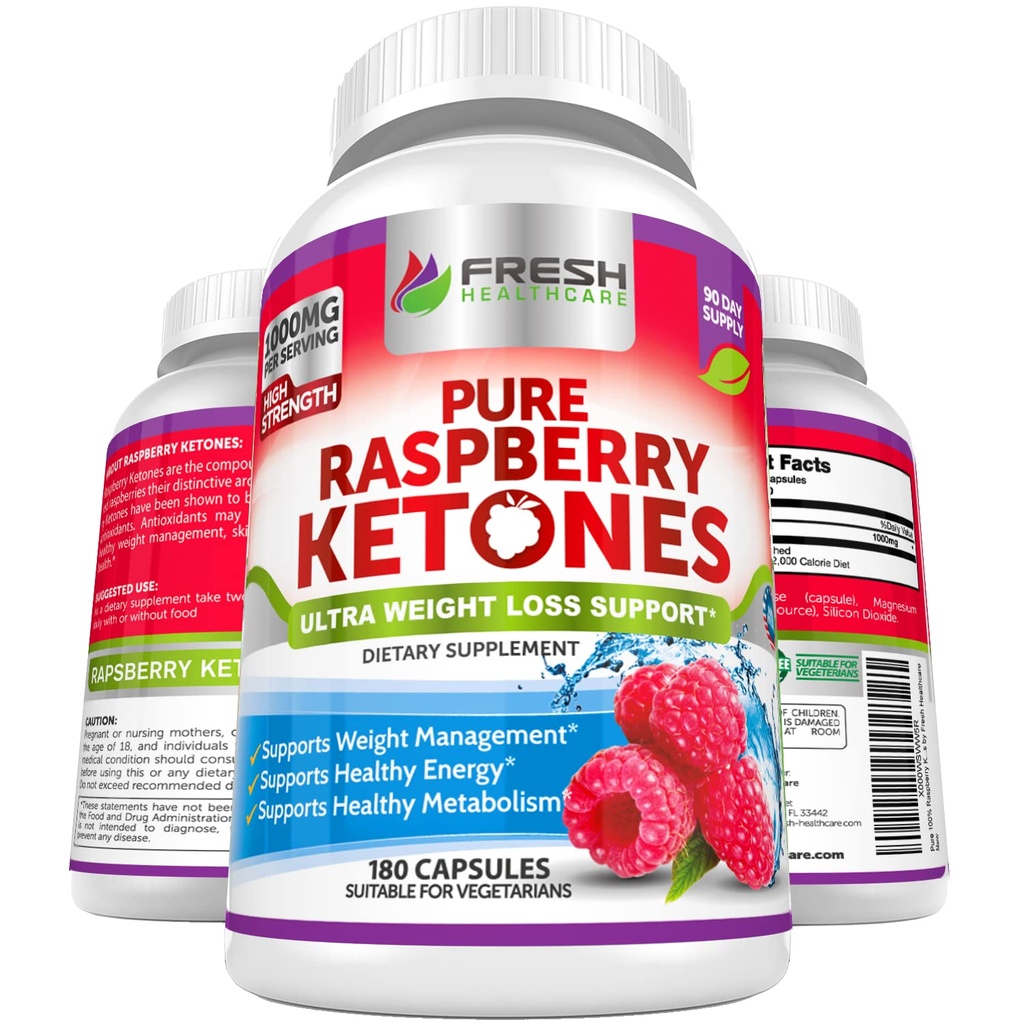 FRESH SACARE Pure Raspberry Ketones Max 1000 mg Arada - 3 Ay Supply Non GMO - Gelişmiş Kilo Kaybı Desteği - 180 Capsules