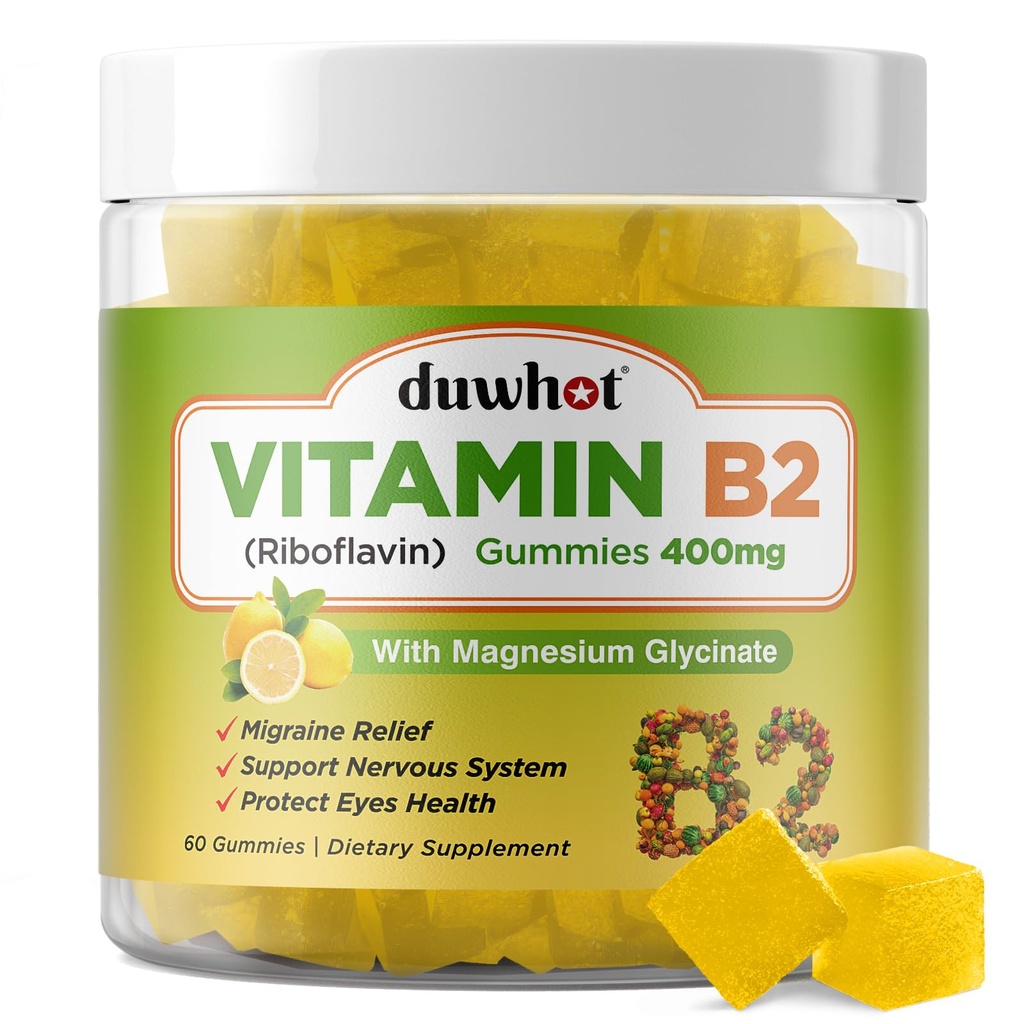 B2 Vitamin Magnezyum- Riboflavin 400 mg for Migraine Relief & Headache Relief, B2 Vitamins yetişkinler ve Çocuklar için Gummies, Vegan, 60 Chewable
