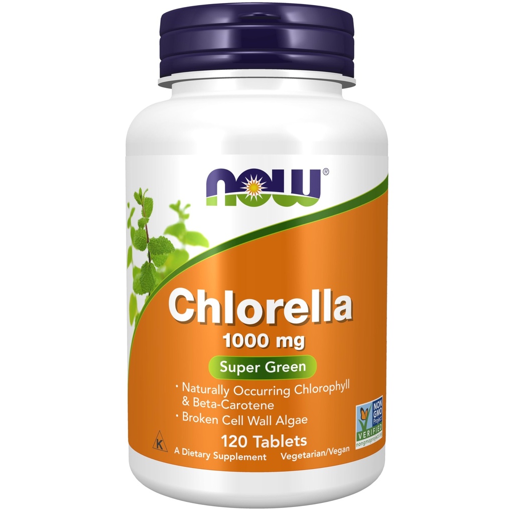 Şimdi Gıdalar Tamamlar, Chlorella 1000 mg doğal olarak klorophyll, Beta-Carotene, karışık Carotenoyaklar, C vitamini, Iron ve Protein, 120 Tabletler