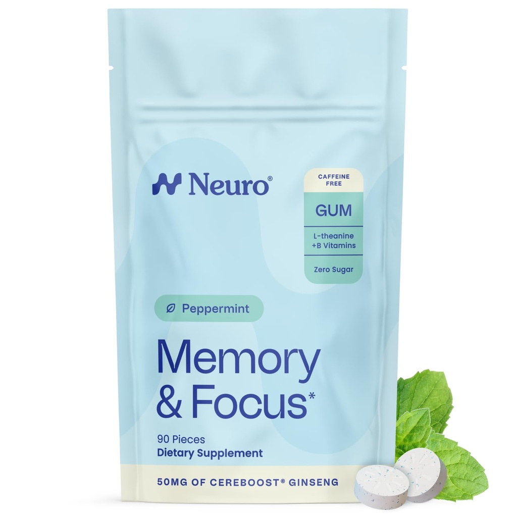 Nöro Memory & Focus Gum - Vitamin B12, Vitamin B6, L-Theanine & Ginsengi - Doğal Beyin Desteği Tamam - Vegan, Caffeine & Sugar Free Chews - Peppermint, 90 ct