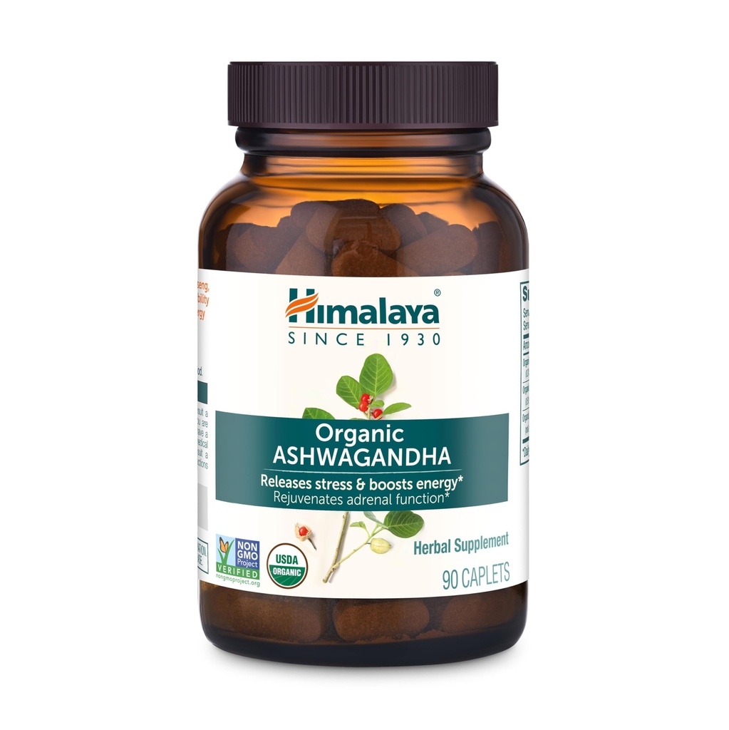 Himalaya Organik Ashwagandha, 90 Day Supply, Herbal Supplement for Stress Relief, Energy Support, Occasional Sleepless, USDA sertifikalı Organik, Non-GMO, Vegan, Gluten Free, 670, 90 Caplets