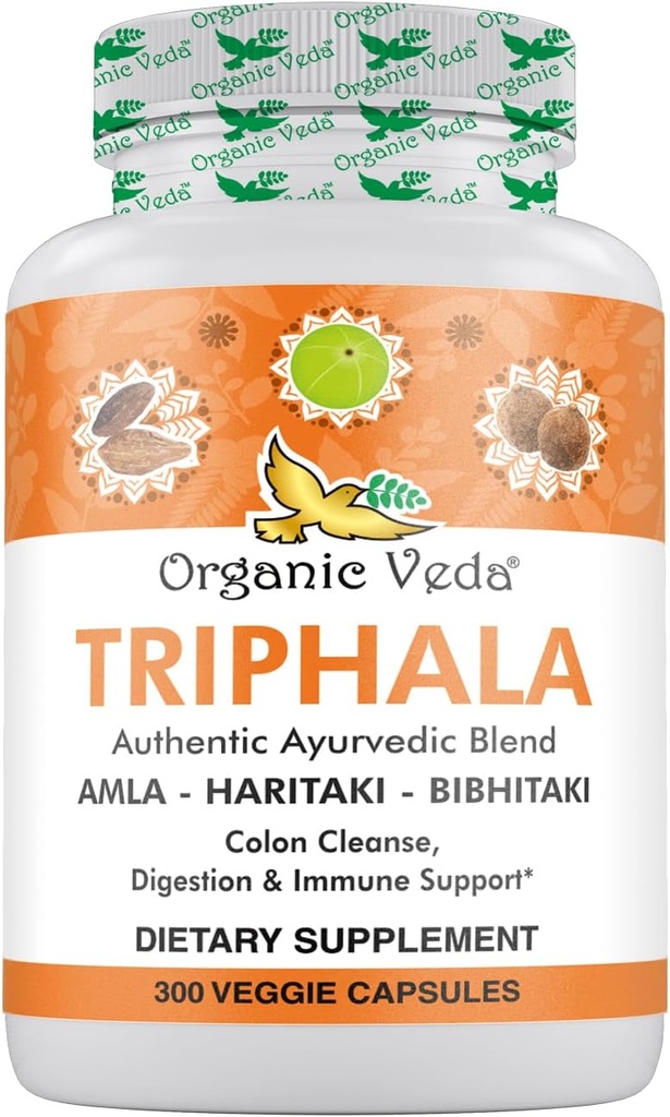 Organik Veda Triphala Toz 300 Capsules, 1000 mg - Kolon için Organik Triphala Supplement, Immune, Gut & Digestion Health - All Green Antioksis Amla, Haritaki & Bibhitaki - Vegan Pills