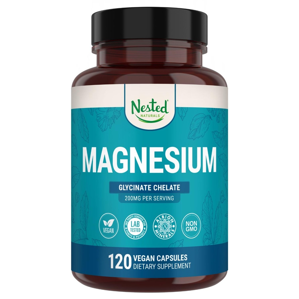 Nested Naturals Magnezyum Glycinate Chelate - 200 mg Chelated Supplement Magnezyum for Muscle Cramps, Relaxation, & Sleep Support - 100% Albion TRACCS Buffered Magnezyum Glycinate - 120 Vegan Capsules