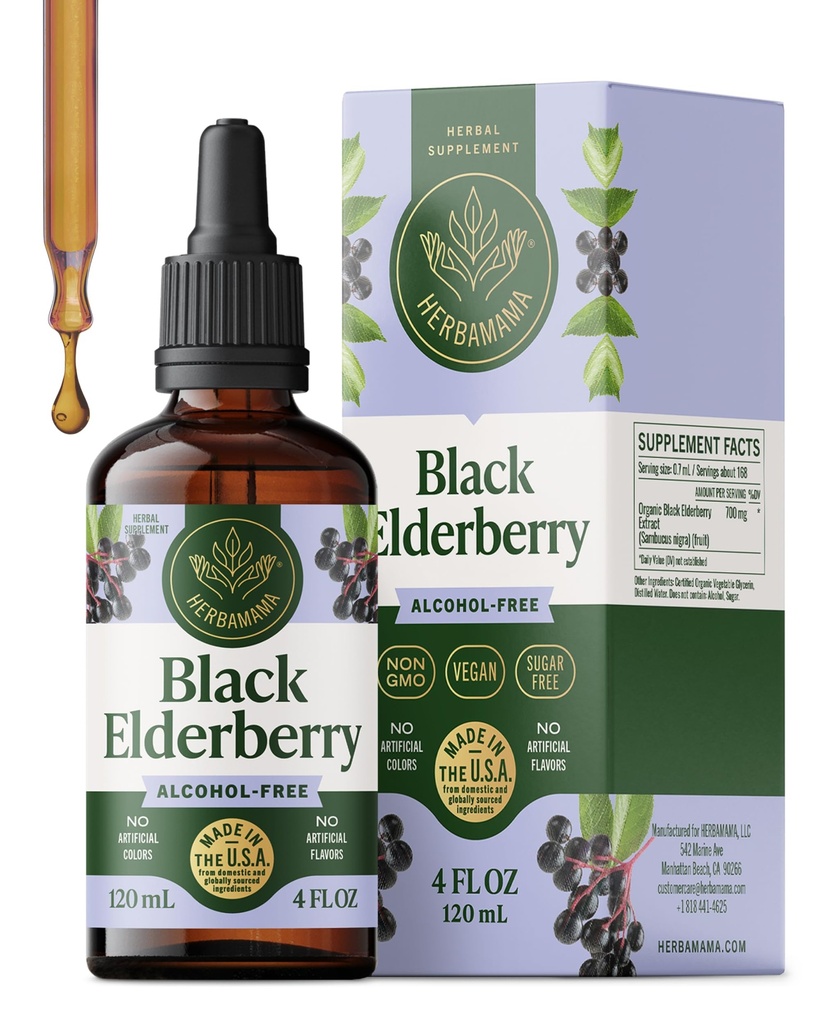 HERBAMAMA Black Elderberry Drops - Vegan Elderberry Sıvı Immune Support - Non-GMO, Alkol & Sugar-Free Immunity Supplement, 42-Day Supply