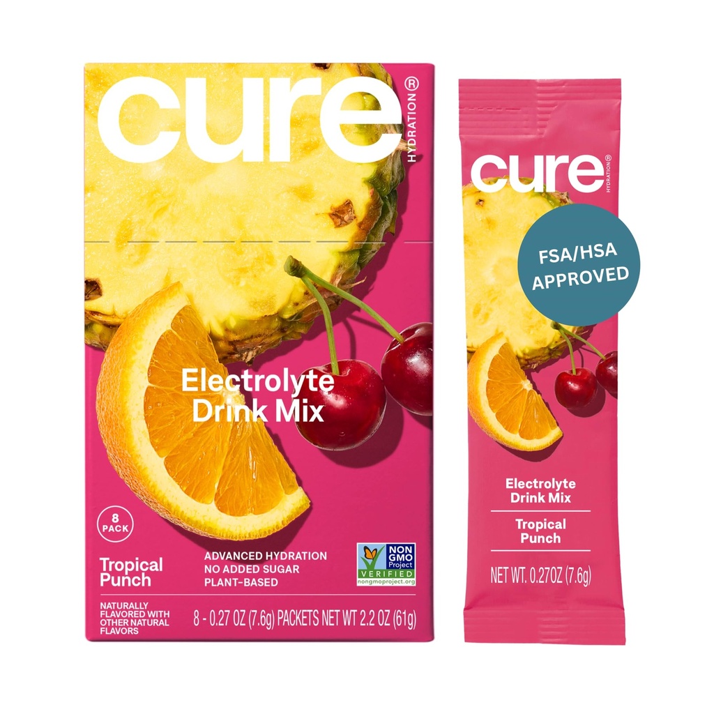 Cure Hydration | Plant-Based Electrolyte Drink Mix | Nodrew Sugar | Dehidrasyon Yardımı Banyo Su ile Yapılan | Non-GMO | Vegan | 8 Packets Kutu - Tropikal Punch
