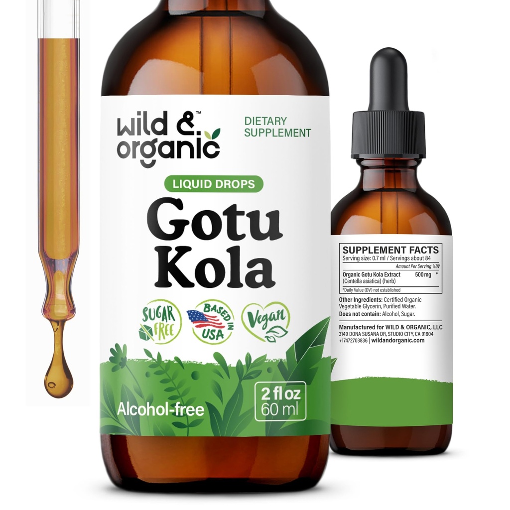 Wild & Organic Gotu Kola Herb Tincture - Beyin Desteği - Gotu Kola Sıvı Ekstraksiyon - Vegan, Sugar & Alkol-Free Centella Asiatica Supplement - 2 fl oz