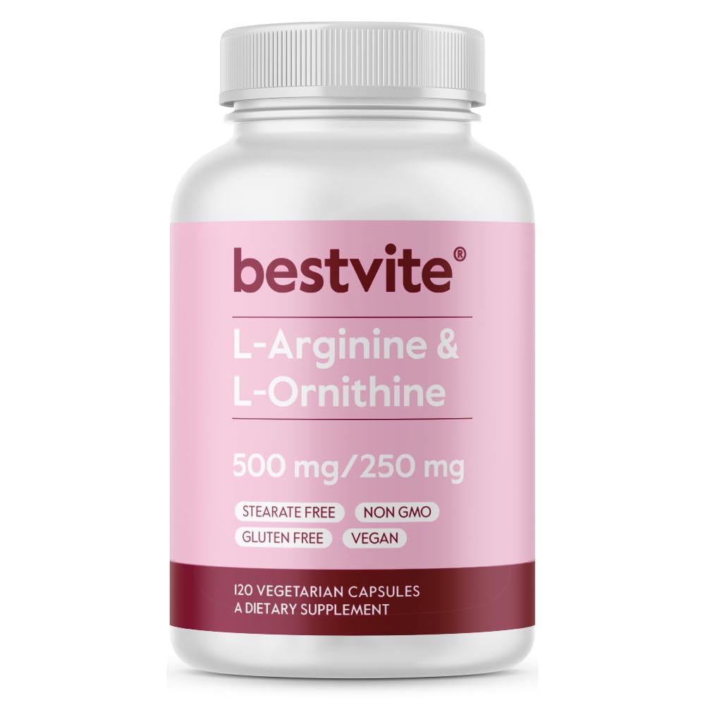 BESTVITE L-Arginine L-Ornithine 500-250 (120 Vejetaryen Capsules) - No Stearates - No Fillers - Vegan - Non GMO - Gluten Free - Nouba Silicate