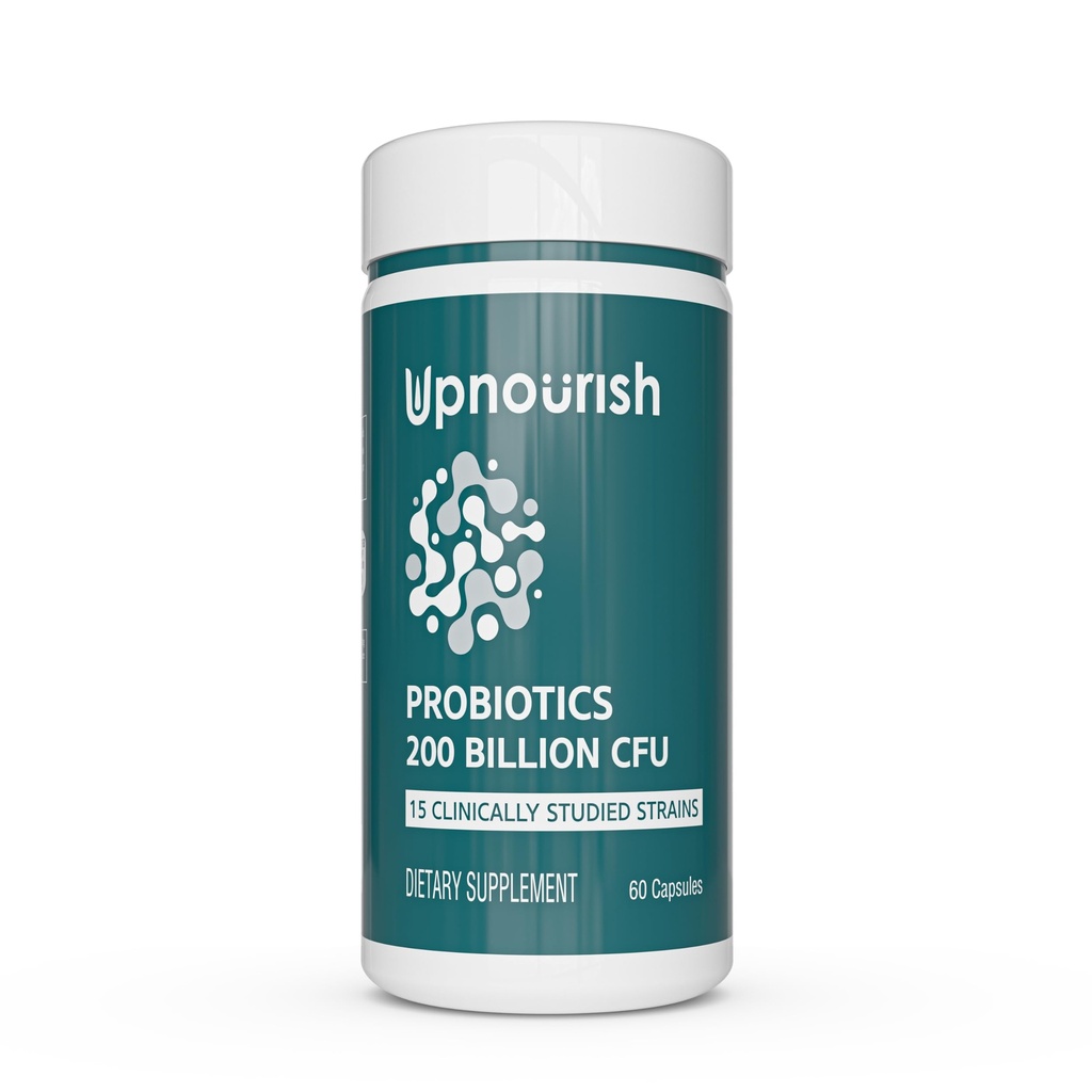 UpNourish Probiyotiks - Erkekler ve Kadınlar için 200 Milyar CFU, 15 Klinik olarak Studied Strains, Prebiyotik & Enzymes - 60 Vegan Capsules
