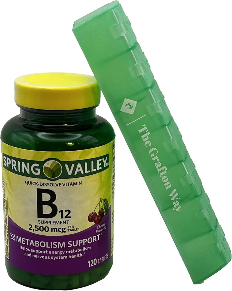 Spring Valley Vitamin B12 Quick-Dissolve Tabletler Diyetsel Tamam, 2500 Mcg, Cherry Flavor, 120 Kont with Complimentary Grafton Way Pill Organizer
