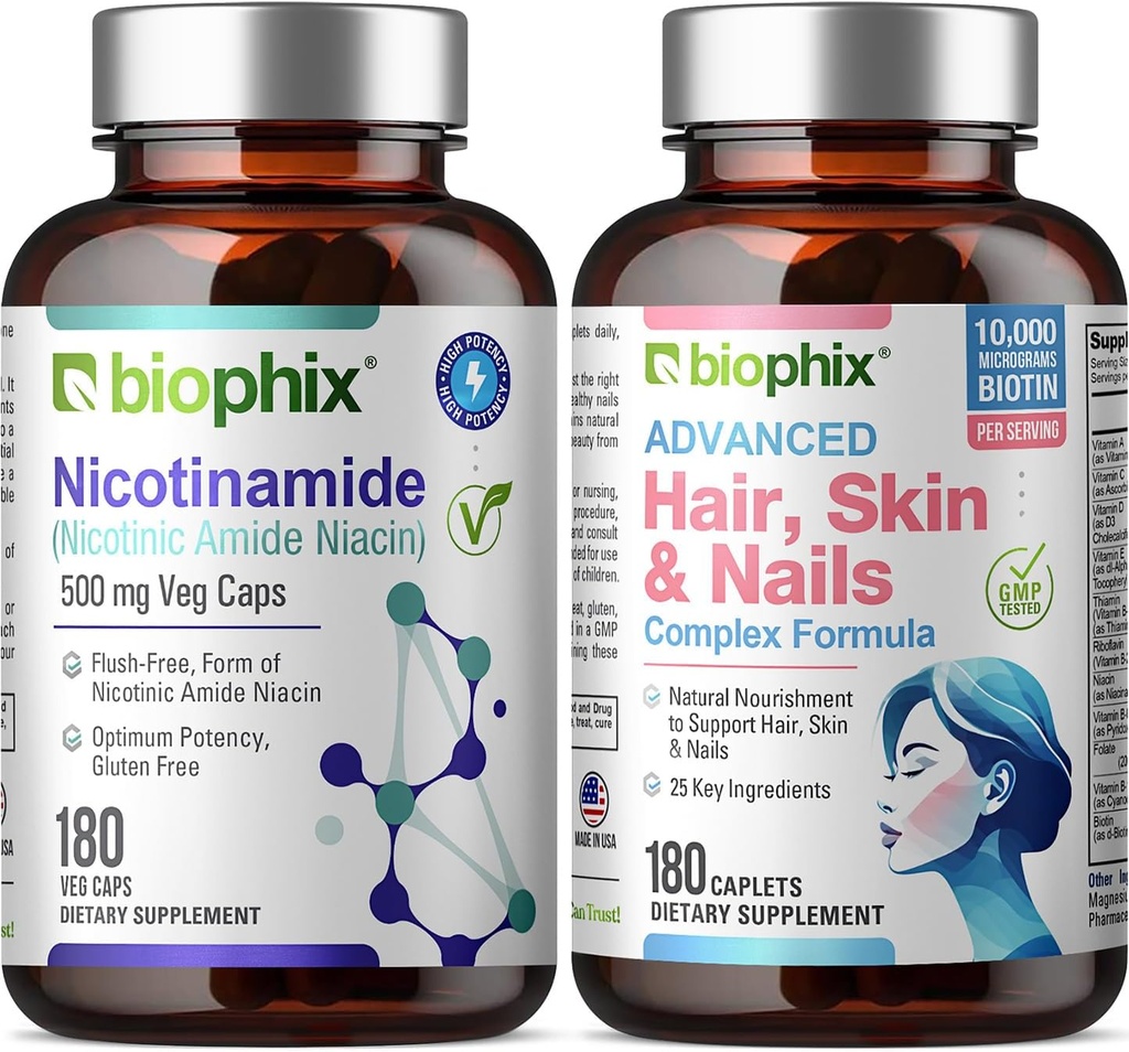 B-3 Nicotinamid 500 mg 180 Vcaps - Saç Skin ve Nails 180 Caplets 10000 mcg Biotin - Nicotinic Amide Niacin Natural Flush-Free Vitamin Formula - Destekler Skin Hücre Sağlık