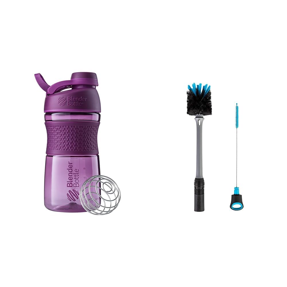 BlenderBottle SportMixer Shaker Şişe Protein Shakes ve Pre Workout için mükemmel, 20Ounce, Plant & 2in-1 Shaker Şişe ve Straw Temizlik Fırça, 1 Pack,Gray