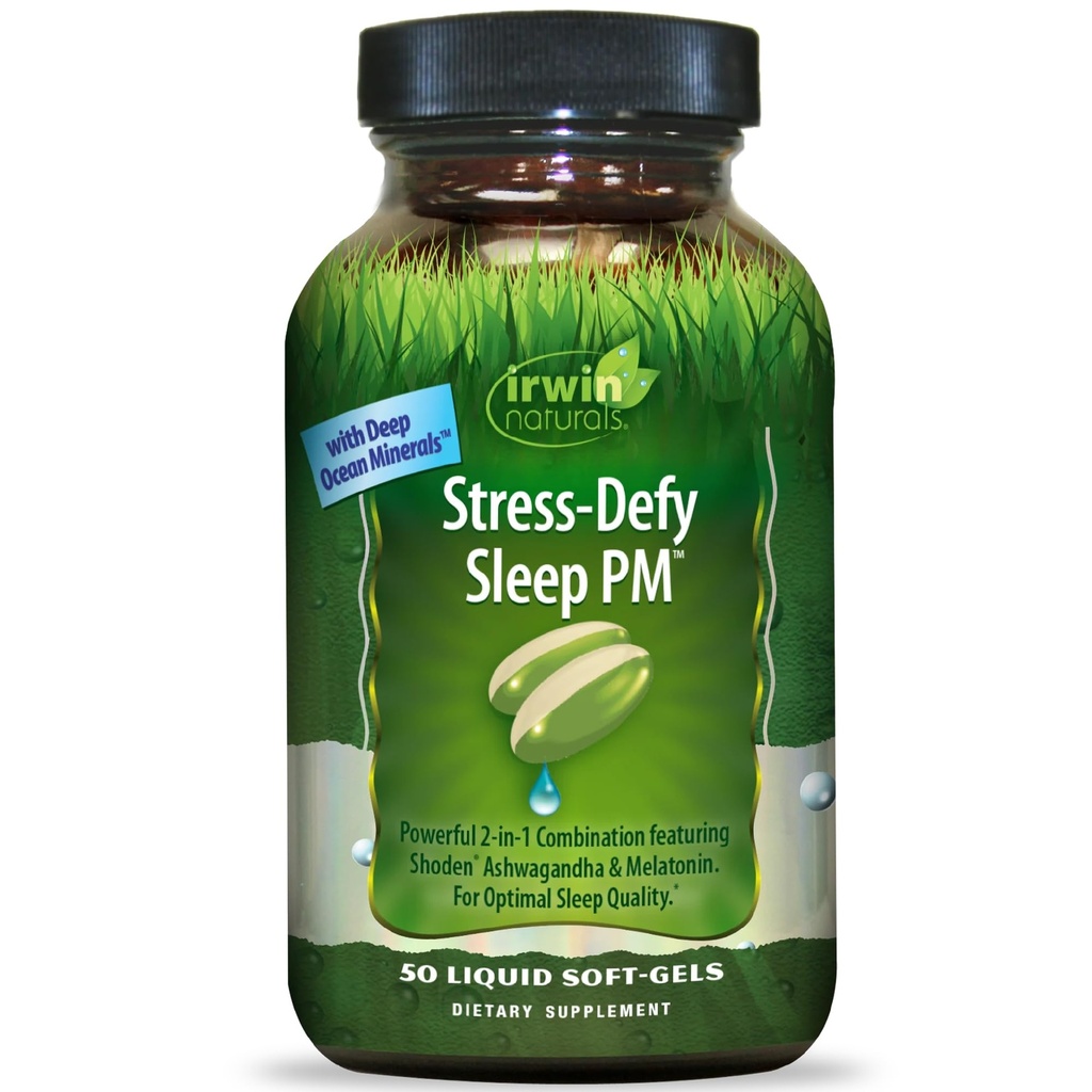 Irwin Naturals Stres-Defy Sleep PM - 50 Liquid Soft-Gels - Ashwagandha & Melatonin ile Güçlü 2in-1 Kombinasyon - 25 Hizmet