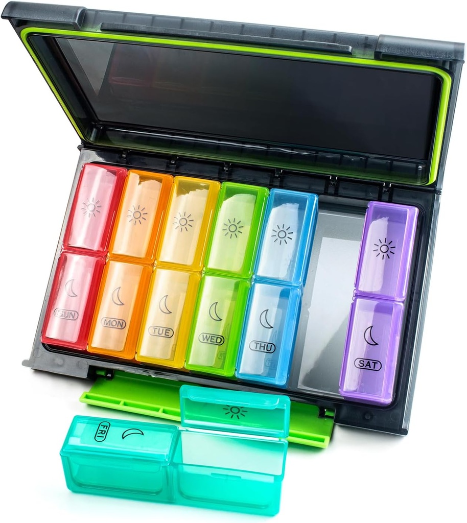 Haftalık Pill Organizer 2 Times a Day, Moisture-Proof 7 Day Pill Case, Büyük Pill Box Bireysel Konteynerleri Vitamin tutmak, Tamamlar ve İlaçlar