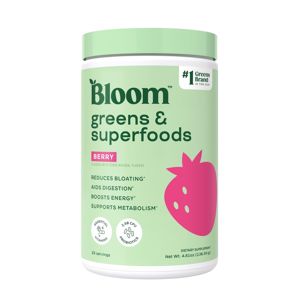 Bloom Beslenme Superfood Greens Toz, Probiyotik ve Prebiyotiklerle Digestive Enzymes, Gut Health, Kadınlar için Bloating Relief, Chlorella, Green Juice Mix with Beet Root Toz, 25 SVG, Berry