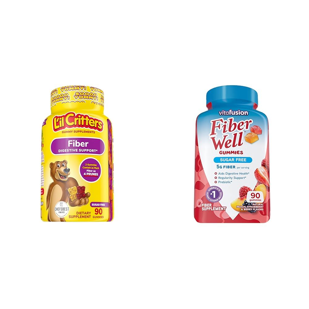 L'il Critters Fiber Daily Gummy Supplement for Kids, for Digestive Support & Vitafüzyon Fiber Well Sugar Free Fiber Supplement, Peach, Strawberry and BlackBerry Flavored Supplements, 90 Count