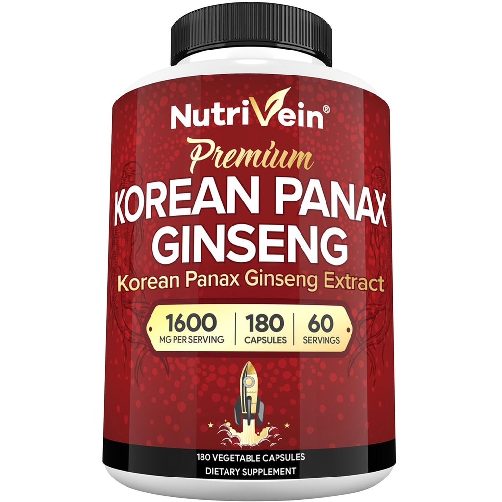 Nutrivein Korean Red Panax Ginseng 1600 mg - Ekstra Kuvvetli Formula - 180 Capsules - Boost Energy, mental Focus & Immune Health Natural Natural