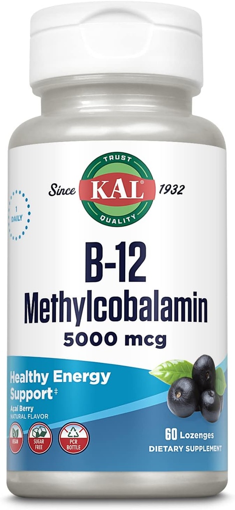 KALIP B-12 Mecobalamin Lozenges 5000, Sağlıklı Enerji, Metabolism, Nerve & Red Blood Hücre Desteği, * Optimal Aborpsiyon, Doğal Acai Flavor, Vegan, Sugar Free, 60 Hizmet, 60 Lozenges