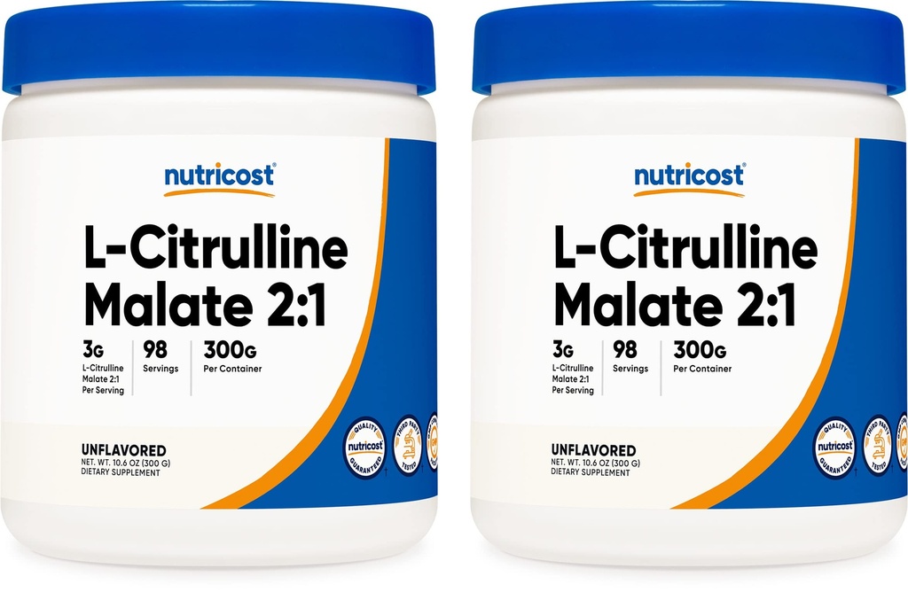 Nutricost L-Citrulline Malate 300G (2 Pack) - Pure L-Citrulline Toz, 3000 mg Per Servis - L-Citrulline Malate
