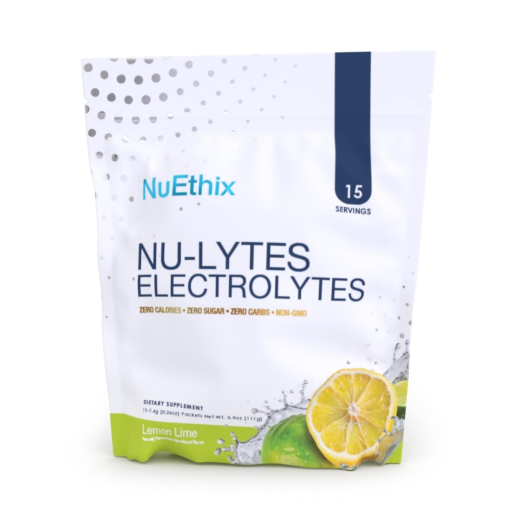 NuEthix Formulations NU-LYTES Electrolytes Hydration Packets, Zero Calories, Zero Sugar, Zero Carbs, Non-GMO, Electrolytes Toz Packets, Glycogen Replenishment, 15 Hizmet (Lemon Lime)