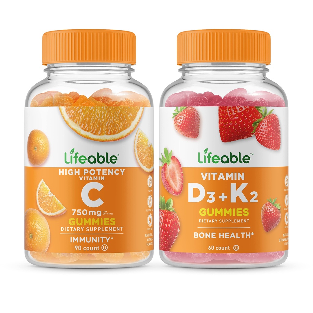 Lifeable Vitamin C 750 mg + Vitamin D3 + Vitamin K2, Gummies Sche - Great Tasting, Vitamin Supplement, Gluten Free, GMO Free, Chewable Gummy