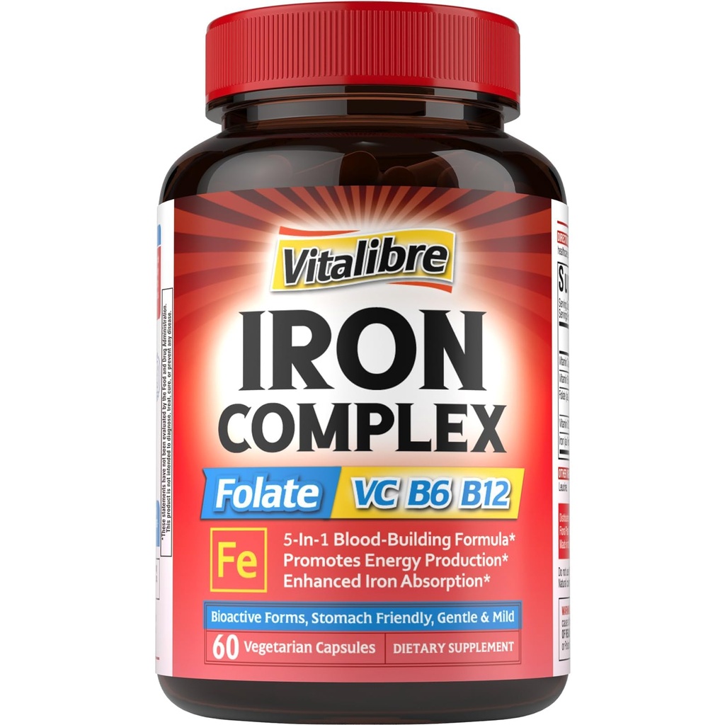 Iron Supplement for Women & Men, with Vitamins C, B6, B12 & Folate for Iron Deficiency, Blood Building & Energy Support, Stomach Friendly, Better Absorption, Non-GMO, No Gluten, 60 Vegan Caps
