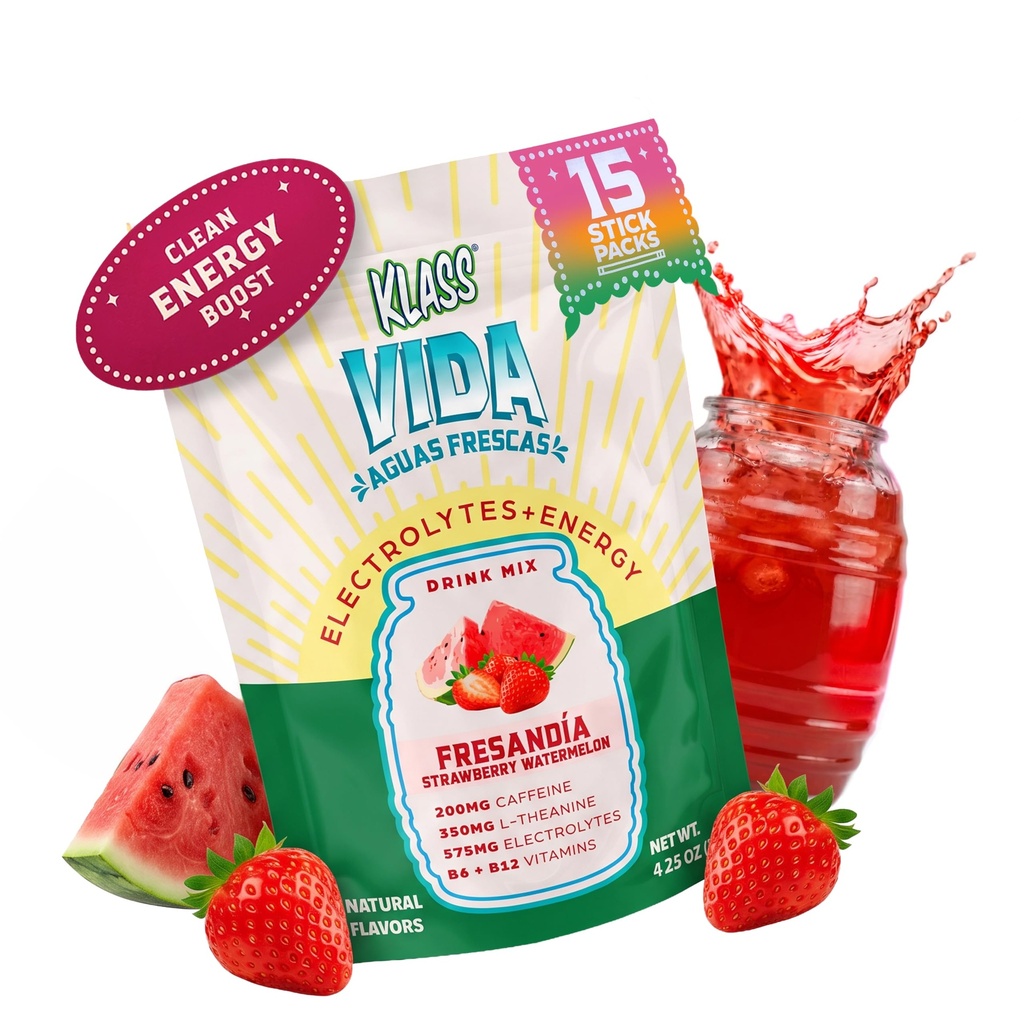 Hydration + Energy Electrolyte Drink Mix – Strawberry Watermelon Agua Fresca Flavor | Sugar-Free Toz with Caffeine, L-Theanine, Coconut Water & Minerals | 15 Single-Serve Stick Paketleri
