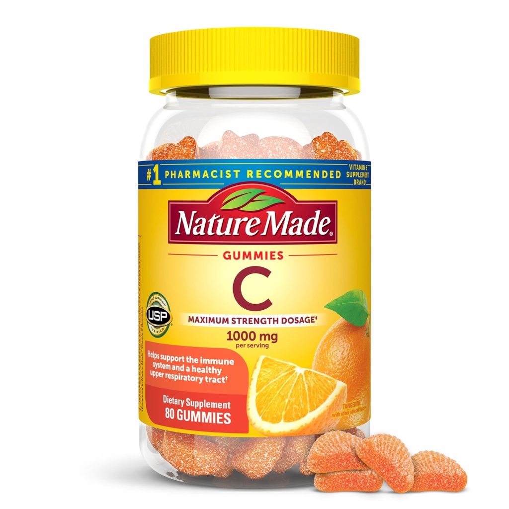 Nature Made maximum Strength Dosage Vitamin C 1000 mg per Service, Immune Support Vitamin C Gummies for Yetişkinler, 80 Vitamin C Gummies, 20 Day Supply