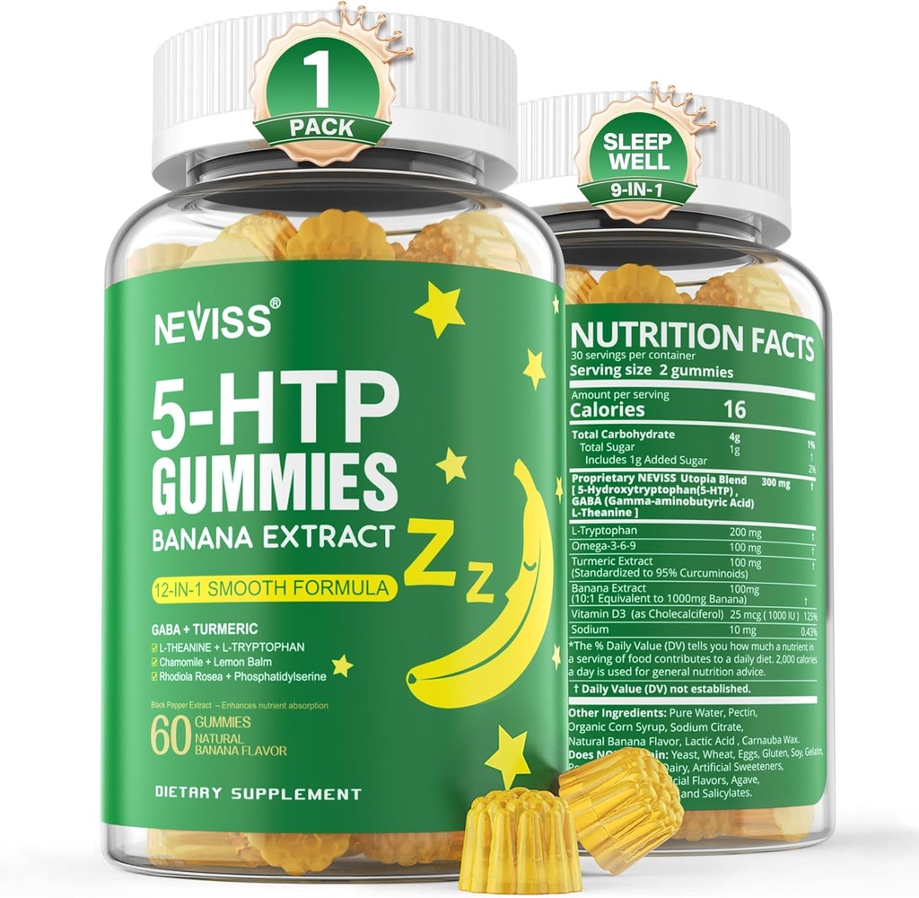 NEVISS 1Pack 5-HTP Gummies + GABA - Melatonin Free - Rahatlama Gummies with Banana Extract, L-Theanine,L-Tryptophan, D3 for Health Rise & Circadian Rhythm,Brain Function & Muscle Relax