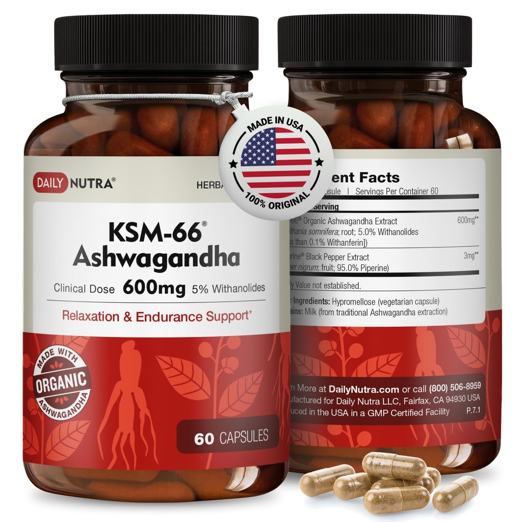 DailyNutra KSM-66 Ashwagandha 600 mg Organik Kökleri - Yüksek Potency Supplement with% 5 Withanolides | Relieves Tiredness, Supports Relaxation, Focus, Energy, & Muscle growth (60 Capsules)