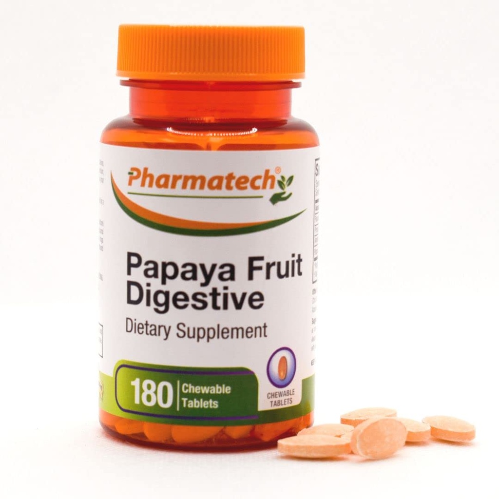 Papaya Fruit Digestive, Digestion, Tasty Flavor, Enzyme Supplement, Bloating and Constipation, Gas Relief, 180 Chewable Tabletler