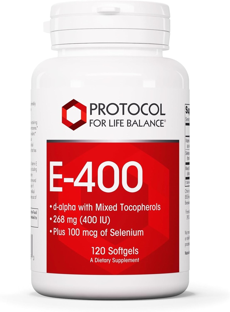 Protocol E-400 268 (400 IU) - Vitamin E Softgels - Antioxidants Supplement with Selenium - d-Alpha with Mixed Tocopherols - Dairy Free & Halal - 120 Softgels