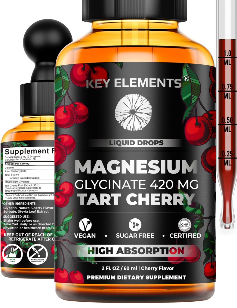 Sıvı Magnezyum Glycinate 420 Mg with Natural Tart Cherry Extract | Magnezyum Glycinate Drops Supplement for Sleep, Mood & Mobility Support | Tart Cherry Extract