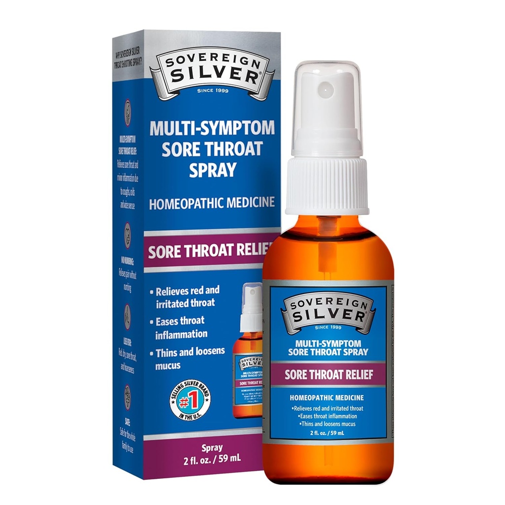 Sovereign Silver Sore Throat Spray - Colloidal Silver Throat Spray, Immune Support Supplement for Yetişkinler and Kids, Daily Use Liquid Argentum Nicum Çözüm - 2 fl oz (59mL)