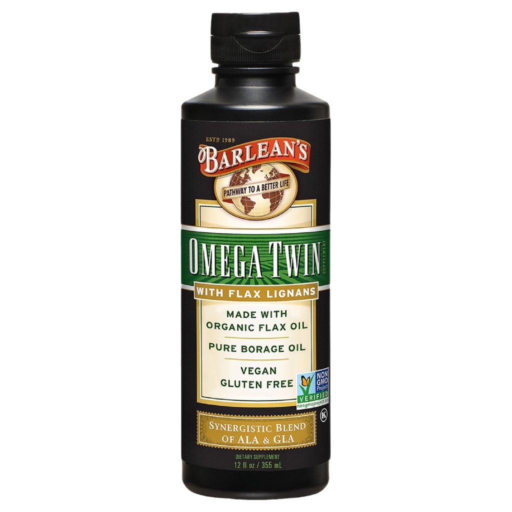 Barlean'ın Omega Twin Liquid Flaxseed Oil ve Pure Borage Oil Supplement with Lignans, 6,010 mg ALA ve 465 mg GLA Omega Fatty Acids from Organic Flax Seed and Cold Pressed Borage Seeds, 12 ozzzz