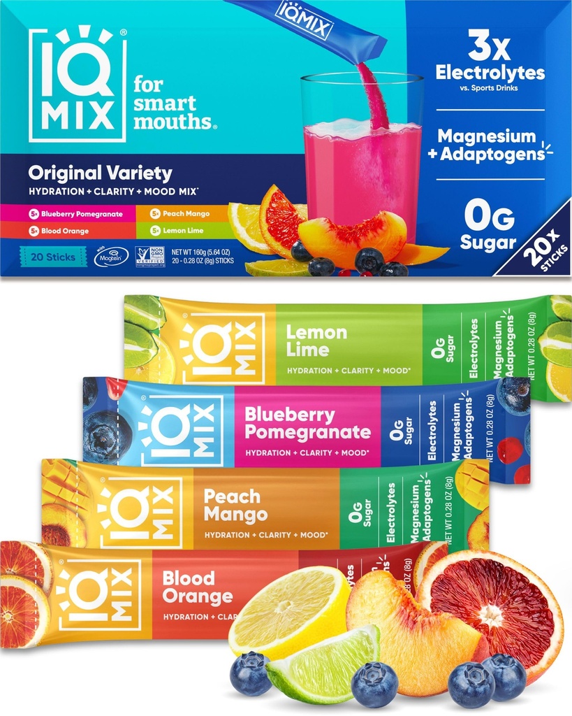 IQMIX Hydration Electrolyte Toz – 4-in-1 Formula for Hydration, mental Clarity, Mood and Recovery – Sugar-Free Drink Mix, Keto, Magnezyum L-Threonate, Lion's Mane – 20 Kont Çeşitli Paket