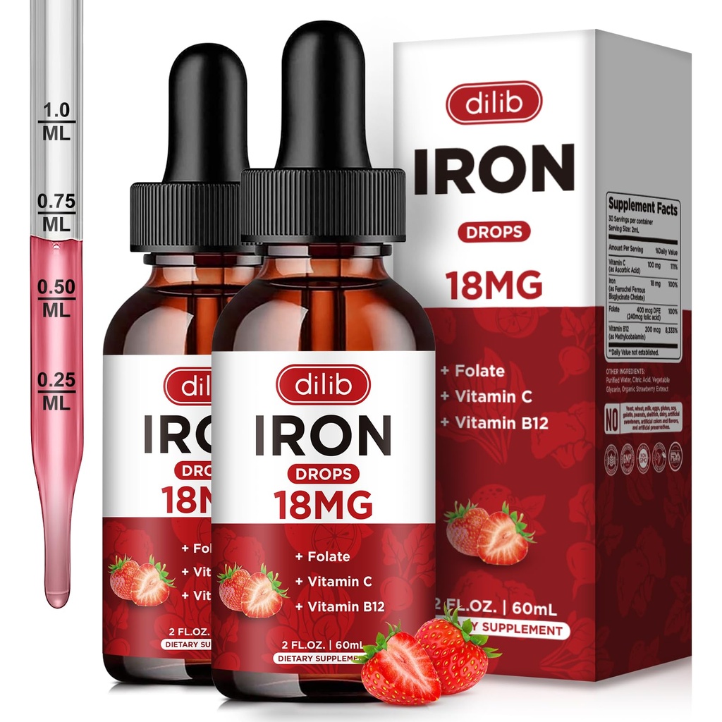 (2 Pack) Kadınlar ve Erkekler Iron Drops Iron Supplements için biremi için Folate, C, B12 Red Blood Hücre Desteği-Strawberry için 4 Fl Oz Oz Oz Oz