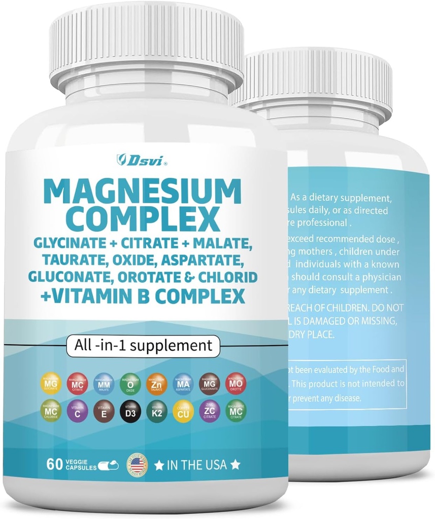60 Kont Kompleksi Magnezyum 2285mg ile Glycinate Citrate Malate Oksit Taurate Aspartate Gluconate Orotate & Mag Chloride, çinko Copper Manganese & C B1 B2 B6 B12 Kompleksi ABD