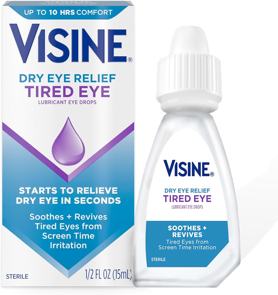 Visine Kuru Göz Yardımı Tired Eye Lubricant Eye Drops, Moisturing & Soothing Sterile Drops for Irritated, Kuru & Tired Eyes Because to Ekran Time Irritation, Poli Glycol, 0,5 fl. oz