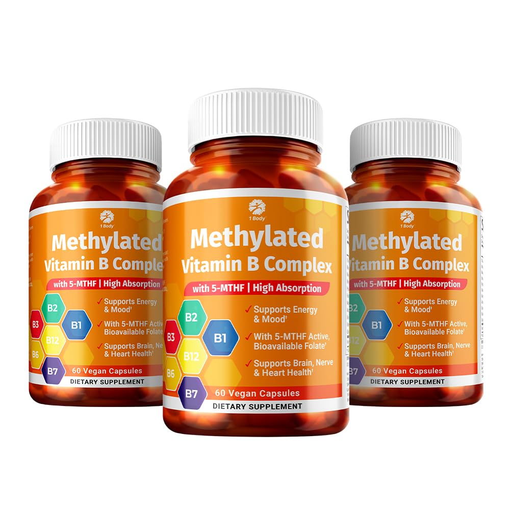1 Body Vitamin B Kompleksi 3 Pack – Bio available B Vitaminleri 5MTHF Folate, B1, B2, B5, B6, Me B12, Niacin & Biotin – Non-GMO, Vegan, ABD'de Yapıldı