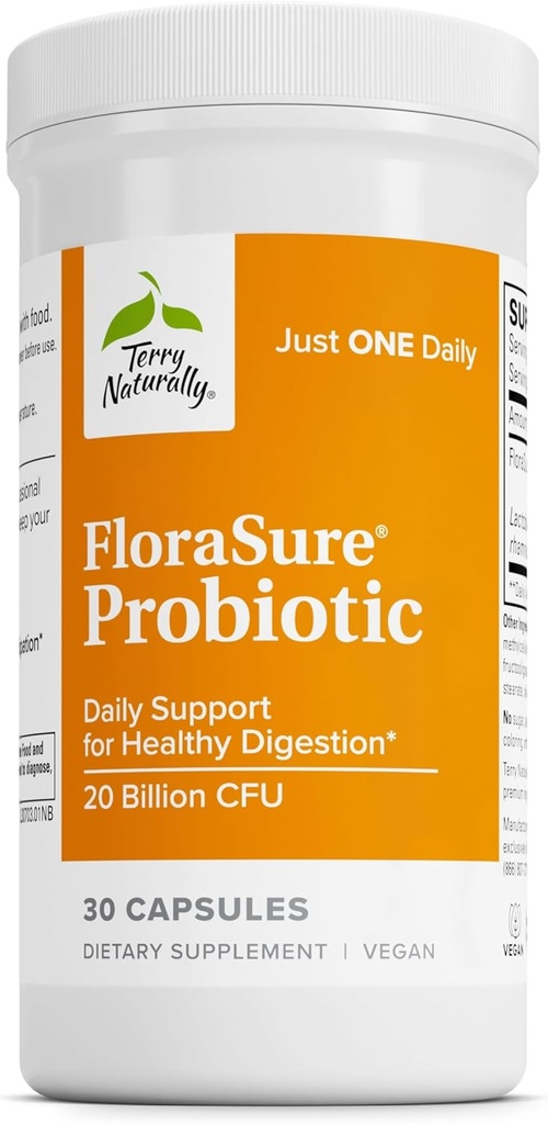 Terry Naturally FloraSure Probiotic - Digestion Supplement to Aid Against Occasional Bloating & Support Gas Relief - Gut Health Support Supplement with Bifidobacterium Bifidum - 30 Capsules