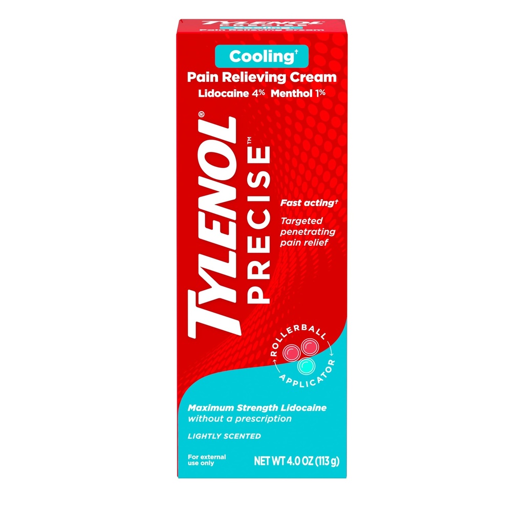 Tylenol Precise Soğutma Numbing Cream, Maksimum Güç 4% Lidoka ve% 1 Menthol Topical Analgesic, Pain Relief Cream for Back, Muscle & Common, Rollerball Applicator, Fast-Acting, Light Scent, 4 ozzz