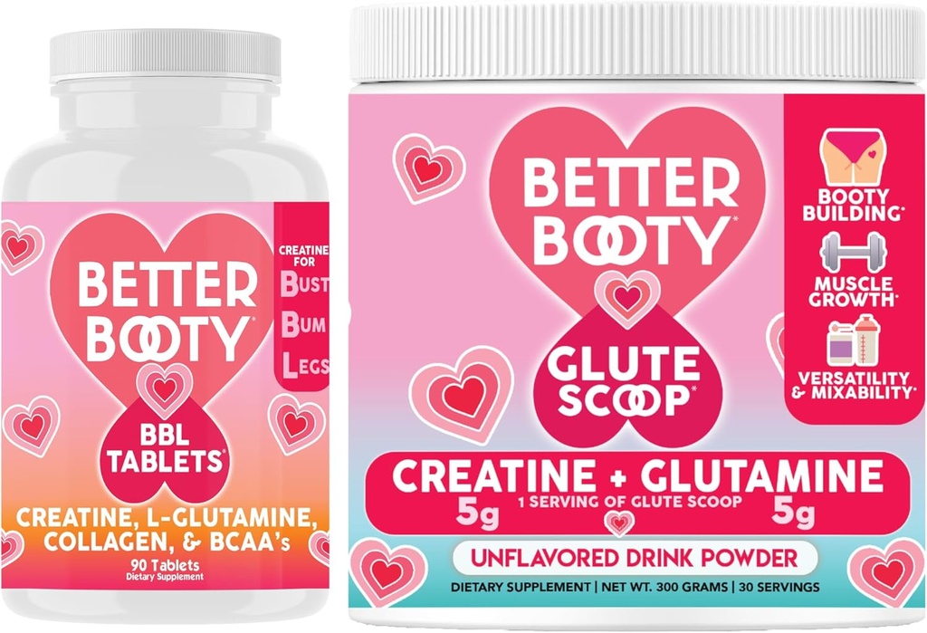 Angry Supplements Better Booty Women’s Tinatine Combo: BBL Tabletler (90ct) Kreta, BCAA's, Collagen + Glute Scoop Kretine & Glutamine Unflavored Drink Mixs (90ct) w.