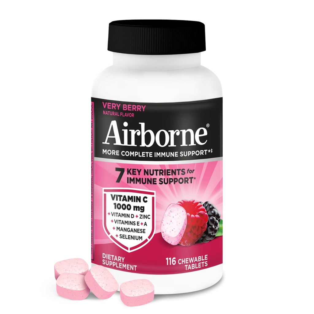 Airborne 1000mg Vitamin C + Zinc Immune Support Supplement Chewable Tablets, Very Berry Flavor with Powerful Antioxidants Vitamins A C & E, 116 Chewable Tablets