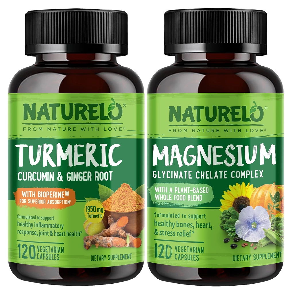 NATLO Tumeric Curcumin, Plant bazlı Ortak Destek, Magnezyum Glycinate, 200 mg Magnezyum - Gluten Free, Non GMO - 120 Capsules