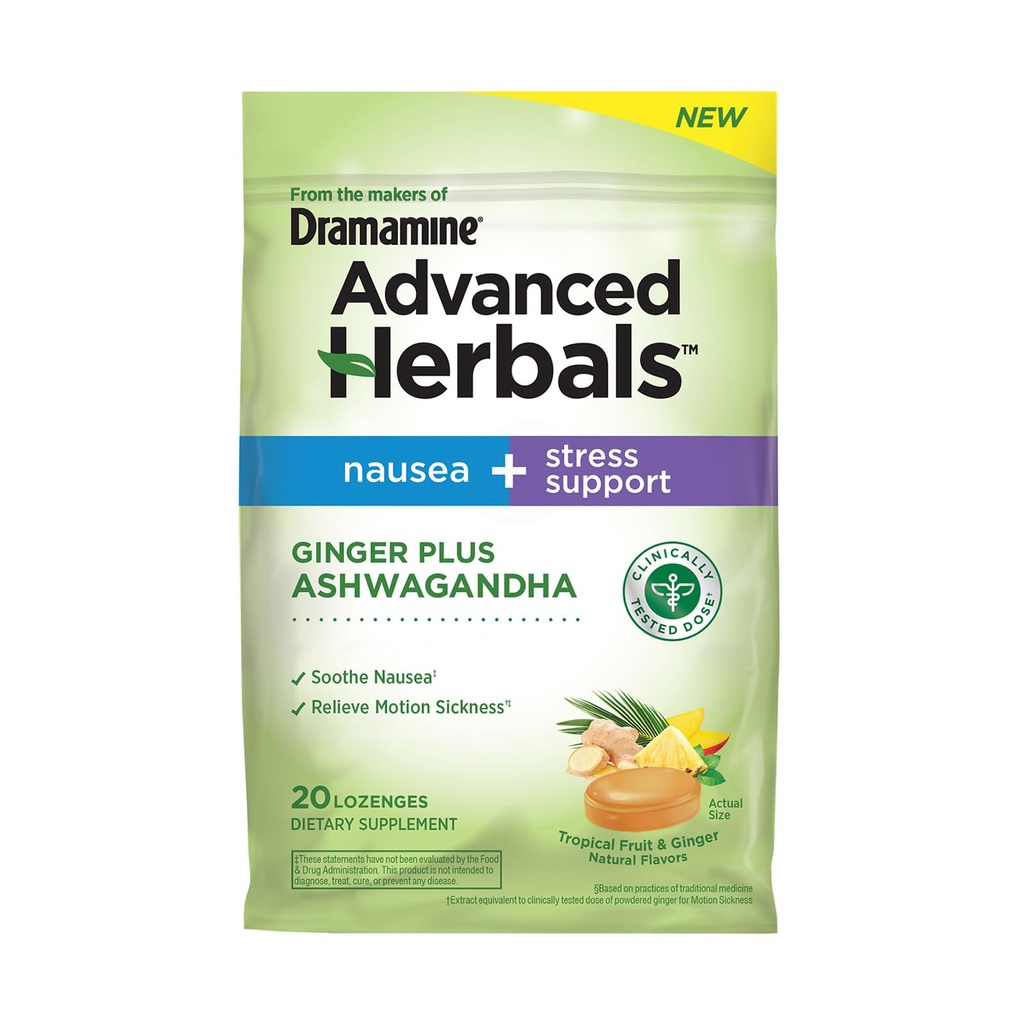Dramamine'nin yapımcılarından Advanced Herbals Ginger & Ashwagandha Lozenges, Nausea Relief & Stress Support, Tropikal Meyve ve Ginger Flavor, 20 Kont